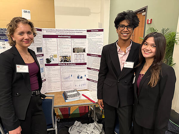 From left, juniors Lia Pratt, Asish Sahoo and Mia Tiernan received an honorable mention for their project, “Evaluating the Impact of Sodium Benzoate on the Effectiveness of Over-the-Counter Oral Contraceptive Norgestrel Using Brachionus Manjavacas." (Photo Courtesy Littleton Public Schools)