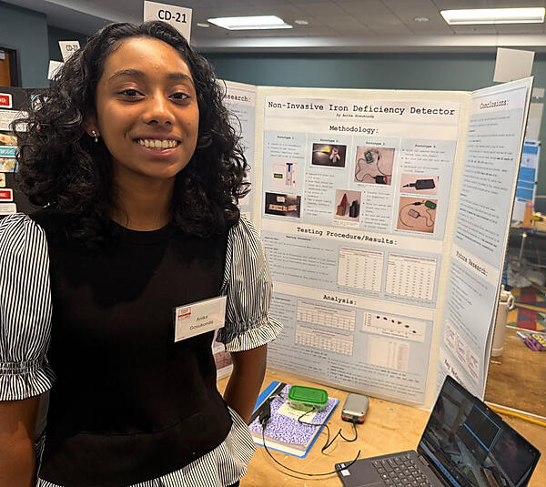 Sophomore Anika Gosukonda won a second place award and the ISEF 2024 Cohort Spark Award for her engineering project, which developed a cost-effective, portable device to detect iron deficiency in a non-invasive manner. (Photo Courtesy Littleton Public Schools)