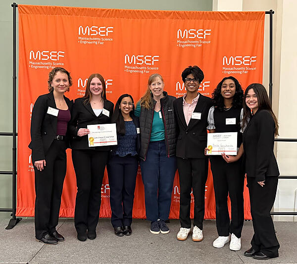From left, Lia Pratt, Caitlin Stimpson, Lasya Muthyala, Valerie Finnerty, Asish Sahoo, Anika Gosukonda and Mia Tiernan recently presented their research at the Massachusetts Science and Engineering Fair in Worcester. (Photo Courtesy Littleton Public Schools)