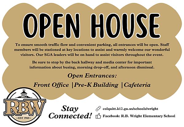 decorate graphic - open house details - To ensure smooth traffic flow and convenient parking, all entrances will be open.
Staff members will be stationed at key locations to assist and warmly welcome you!

Open Entrances:

Front Office
Pre-K Building
Cafeteria

Our SGA leaders will be on hand to assist you throughout the event.
Be sure to stop by the back hallway and media center for important information about busing, morning drop-off, and afternoon dismissal.