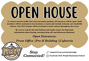 decorate graphic - open house details - To ensure smooth traffic flow and convenient parking, all entrances will be open.
Staff members will be stationed at key locations to assist and warmly welcome you!

Open Entrances:

Front Office
Pre-K Building
Cafeteria

Our SGA leaders will be on hand to assist you throughout the event.
Be sure to stop by the back hallway and media center for important information about busing, morning drop-off, and afternoon dismissal.