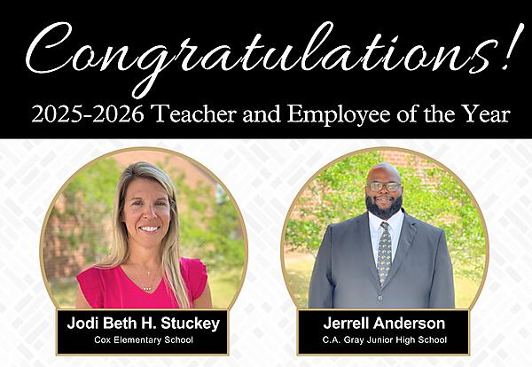 District Winners for Teacher of the Year and BRAVO Employee of the Year. Jodi Beth Stuckey and Jerrell Anderson