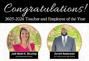 District Winners for Teacher of the Year and BRAVO Employee of the Year. Jodi Beth Stuckey and Jerrell Anderson