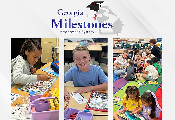 Georgia Milestones Decorative Graphic - photos of students learning and in classroom