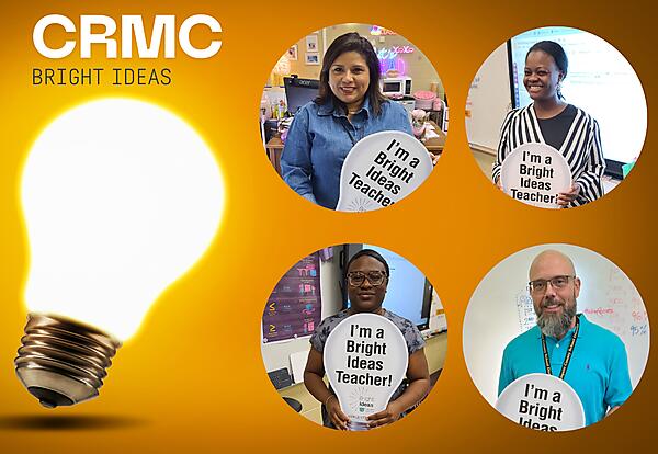 Lightbulb with 4 pictures of teachers - CRMC bright ideas