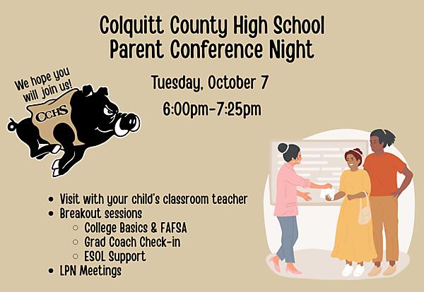 Join us for Parent Conference Night Tuesday, October 7th from 6:00 - 7:25pm!

-Visit with your child’s classroom teacher

-Breakout sessions include College Basics & FAFSA, Grad Coach Check-in and ESOL Support

LPN Meetings in Media Center:
-Interested 9th and 10th grade students 5:00pm-5:40pm
-Required LPN Meeting for 11th Grade students who have committed to the LPN Program 6:00pm-6:40pm 