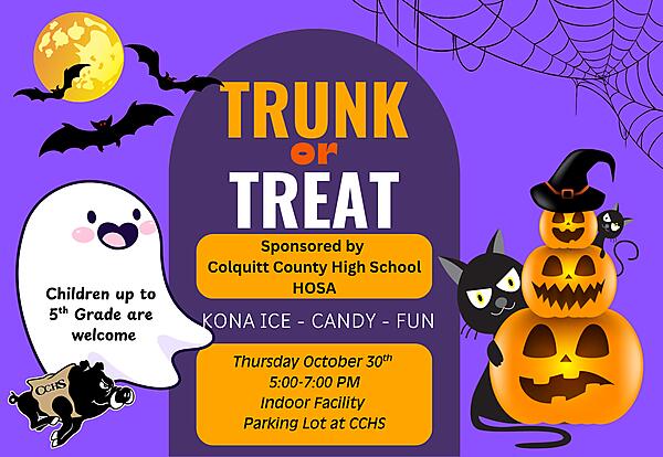 Trunk or Treat at Colquitt County High School

Thursday, October 30th from 5- 7pm

CCHS Indoor Facility Parking Lot