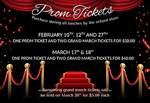 Prom Ticket Sale Dates & Prices
February 10th, 12th & 27th
$30 – One prom ticket and two Grand March tickets

March 17th & 18th
$40 – One prom ticket and two Grand March tickets