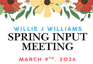 Willie J Williams Spring Input Meeting
March 9th 2026
WJW Lobby
Drop in meeting
8:30-9:30
2:30-3:30