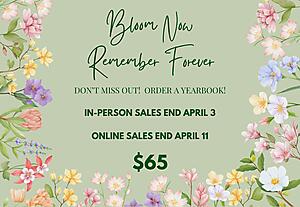 All in-person sales end Friday, April 3.

We accept checks and cash payments in-person, room 100--All lunches, 3rd & 4th Blocks. 

Online sales end Saturday, April 11.  