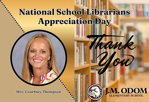 Decorative image of Mrs. Courtney Thompson for National School Librarians Day.
