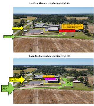 The image is aerial view of afternoon drop-off and pick-up directions. The afternoon pick-up has notations for entrances 1 and 2. There is a note to pull down when directed to the next available spot to load children. There should be no passing and drivers should look to staff members for direction.
The morning drop-off notes the entrance for the car drop-off line as well as an entrance for walk-up parking. It also notes the locations for Pre-K through 3rd grade drop-off and 4th and 5th grade drop off. There is a notation for walk-up parking.