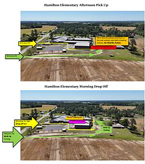 The image is aerial view of afternoon drop-off and pick-up directions. The afternoon pick-up has notations for entrances 1 and 2. There is a note to pull down when directed to the next available spot to load children. There should be no passing and drivers should look to staff members for direction.
The morning drop-off notes the entrance for the car drop-off line as well as an entrance for walk-up parking. It also notes the locations for Pre-K through 3rd grade drop-off and 4th and 5th grade drop off. There is a notation for walk-up parking.