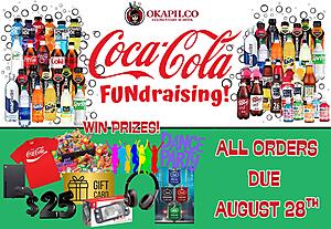 Okapilco Elementary Coca-Cola Fundraising graphic featuring a variety of Coca-Cola products. Students can win prizes, including a prize cart, dance party, Coca-Cola T-shirt, gift cards, headphones, Nintendo Switch Lite, Xbox, and House points. All fundraiser orders are due August 28.
