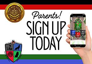 Image that says Parents! Sign up today with a picture of a hand holding a phone and the RCA and Okapilco emblems.