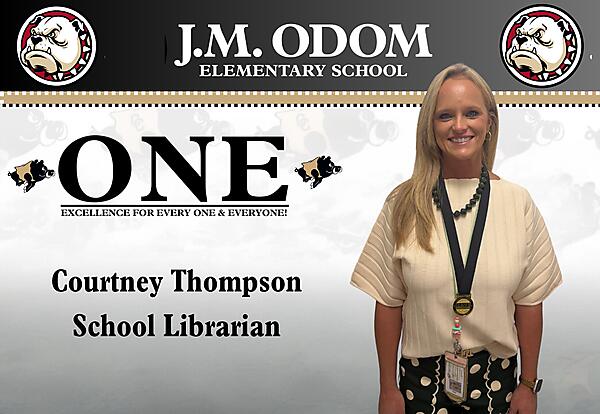 Image of Mrs. Courtney Thompson School Librarian for receiving the ONE medal for the month of September.