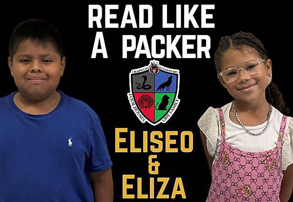 Graphic of two students: Read Like a Packer Eliseo and Eliza