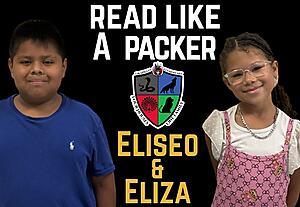 Graphic of two students: Read Like a Packer Eliseo and Eliza