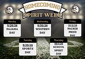 Decorative image for Spirit Week Dress Up days.
Monday, September 28 – DREAMING OF PATRIOTISM (Pajama Day)
 Tuesday, September 29 – SPORTS JERSEY DAY
Wednesday, September 30 – WILD WEST WEDNESDAY (Western Day)
Thursday, October 1 – RED, WHITE & BLUE (School Spirit Day)
Friday, October 2 – PACKER PRIDE BLACK & GOLD OUT!