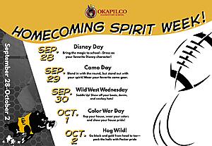 Homecoming Spirit Week!
September 28-October 2
Monday, Sept. 28 – Disney Day
Bring the magic to school and dress as your favorite Disney character!
Tuesday, Sept. 29 – Camo Day
Blend in with the crowd, but stand out with your spirit!
Wednesday, Sept. 30 – Wild West Wednesday
Saddle up with your boots, denim, and cowboy hats!
Thursday, Oct. 1 – Color War Day
Rep your House, wear your colors, and show your House pride!
Friday, Oct. 2 – Hog Wild!
Go black and gold from head to toe and pack the halls with Packer pride!