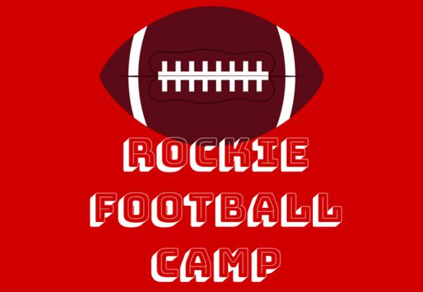 Football image on red background with Rockie Football Camp white text