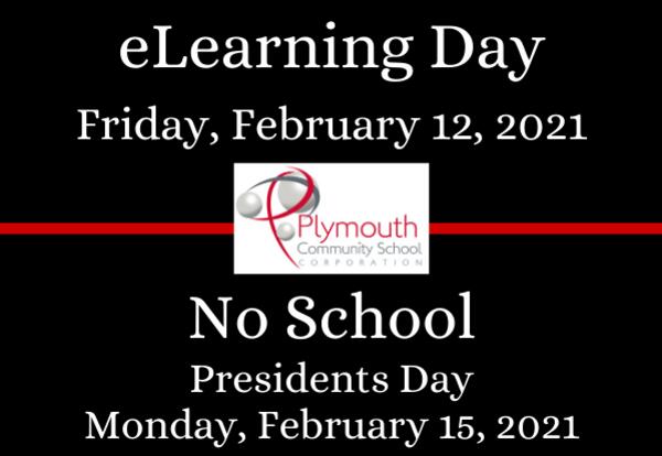 eLearning Day-Friday, February 12, 2021–PCSC logo– No School Presidents Day Monday, February 15, 2021 on black background with red stripe