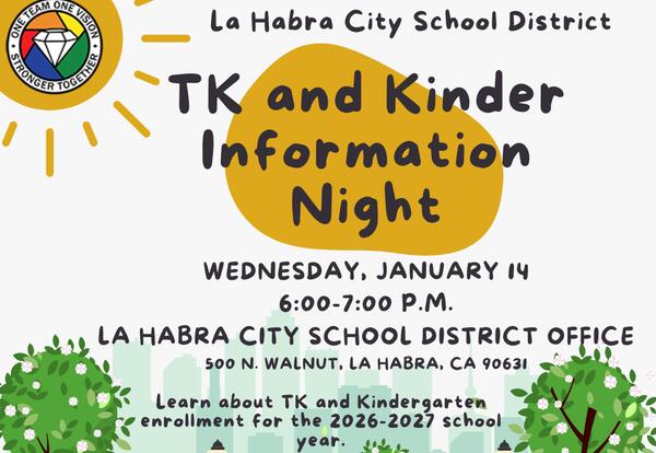 TK and Kindergarten Information Night - January 14