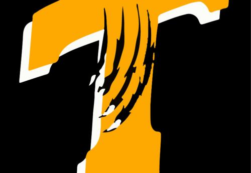 Slanted yellow T with slash marks across it on black background