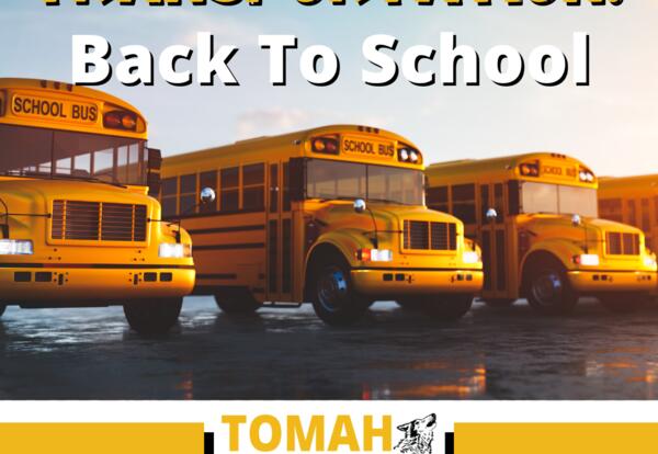 School buses in a line. Reads Transportation: Back to School