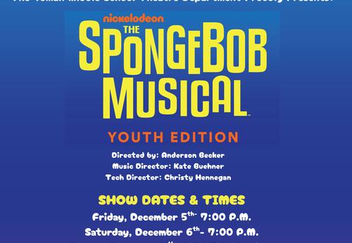 The Spongebob musical on blue background with bubbles