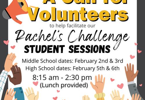 Megaphone image with text that says A Call For Volunteers and below is an image of many different hands raised up, adorned with hearts