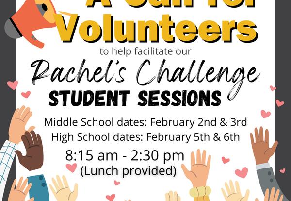 Megaphone image with text that says A Call For Volunteers and below is an image of many different hands raised up, adorned with hearts