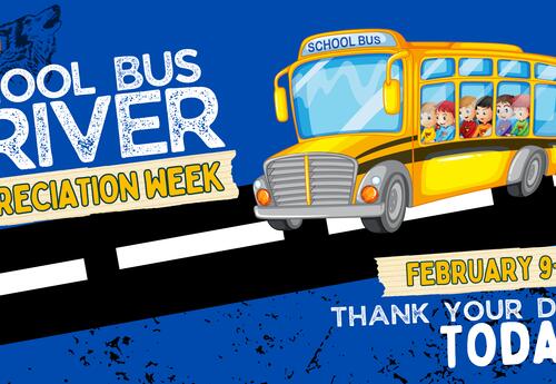 school bus filled with kids drives on road across blue background