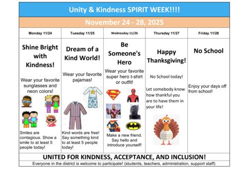 Unity & Kindness Spirit Week Daily Themes