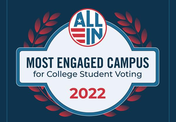 All IN Logo. Logo says Most Engaged Campus For College Student Voting 2022