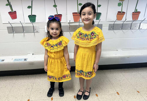 Two girls pose in brightly colored dresses for Culture Day