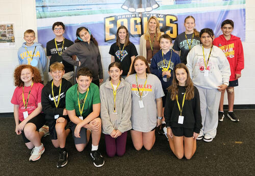 Praire View students and staff pose for picture for being selected students of the month