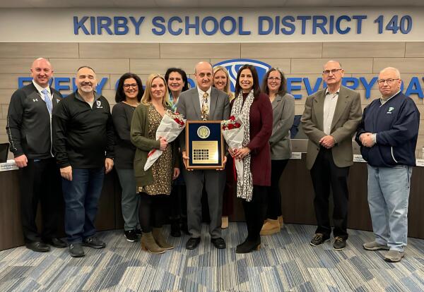 KSD 140 Business department poses proudly with Superintendent and Board of Ed at February board meeting