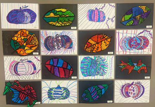 Bannes elementary student artwork consisting of pumpkins and leaves drawings