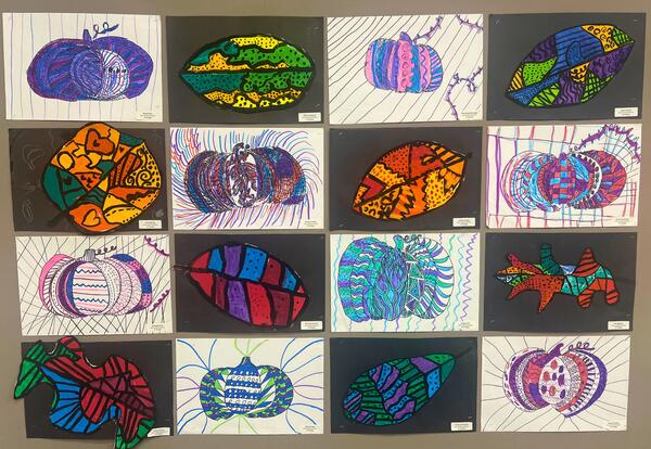 Bannes elementary student artwork consisting of pumpkins and leaves drawings