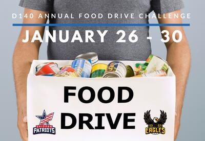Person holding a box filled with canned food labeled “Food Drive,” promoting the D140 Annual Food Drive Challenge, January 26–30, with Grissom Patriots and Eagles logos