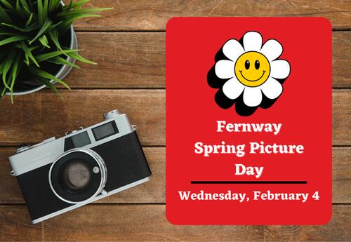 Fernway Spring Picture Day on Wednesday, February 4 with camera on wooden table and daisy flower