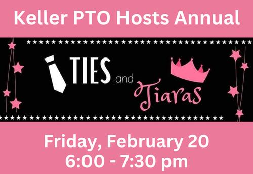 The words "Ties and Tiaras" are written on a black background. A white tie is on the left, and a pink crown is on the right. Pink stars and white stars decorate the border.