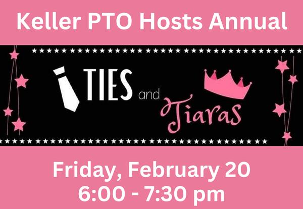 The words "Ties and Tiaras" are written on a black background. A white tie is on the left, and a pink crown is on the right. Pink stars and white stars decorate the border.