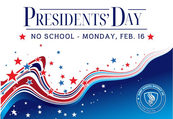Presidents' Day, No School February 16 with red, white, and blue abstract wavy lines with stars scattered across a white and blue background.