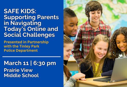 Safe Kids Tinley Park Police presentation on March 11 at 6:30 pm. A group of children looking at a laptop computer with smiles on their faces.
