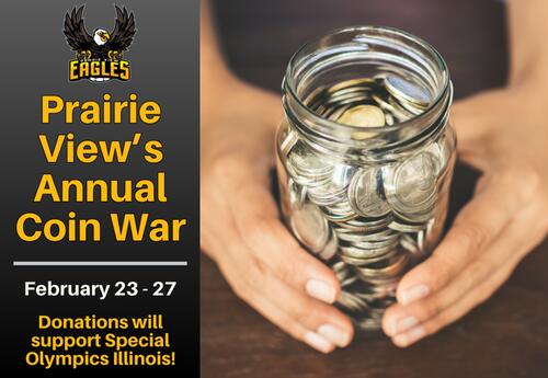 Prairie View's Annual Coins for a Cause Event - February 23 - 27 with hand holding a glass jar filled with coins