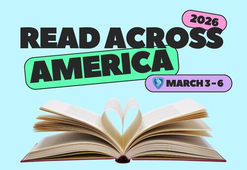 Read Across America - March 3 - 6 with open book and district logo