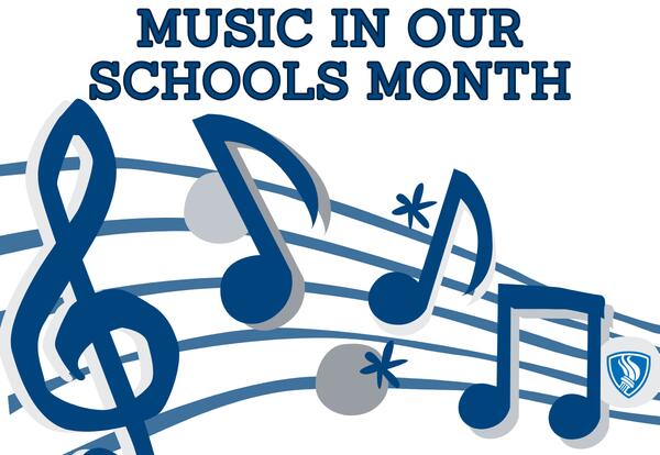 Music in Our Schools Month with blue and gray music notes