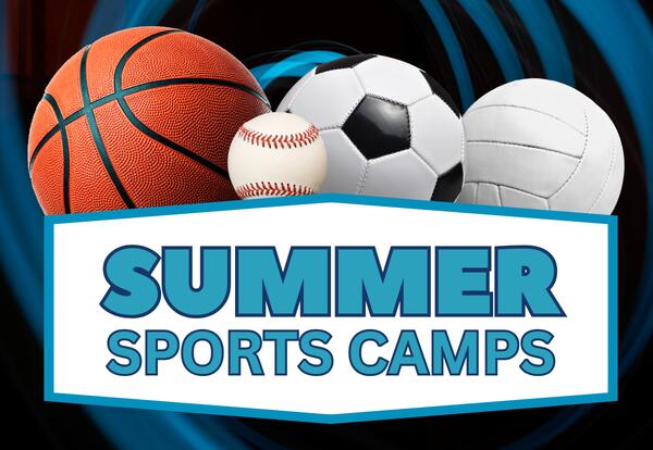 Summer Sports Camps with sports balls on blue background